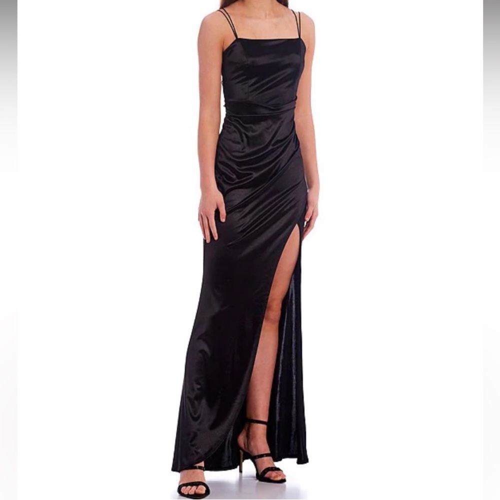 Brand New Stunning Black Satin Gown with Open Back